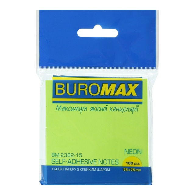 Стікер 75*75 мм/100 арк. "Neon" салатовий Buromax