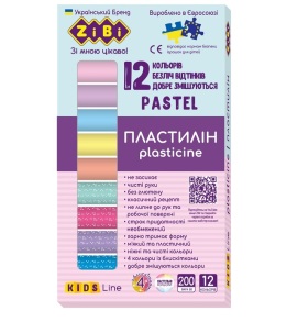 Пластилін Zibi 12 кол. 200 г "Kids Line Pastel" (8 пастель+4 глітер)