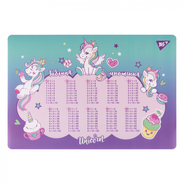 Покриття настільне дитяче А3 "Таблиця множення. Glamour Unicorns" пластикове Yes