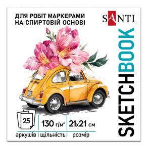 Скетчбук 210*210 мм 25 арк., 130 г/м2, білий блок, склейка "Blossom" Santi