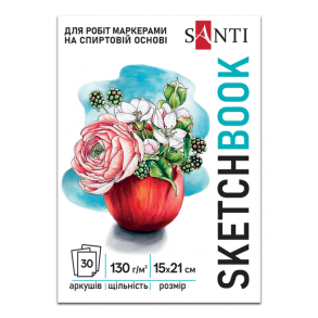 Скетчбук А5 30 арк., 130 г/м2, білий блок, склейка "Blossom" Santi