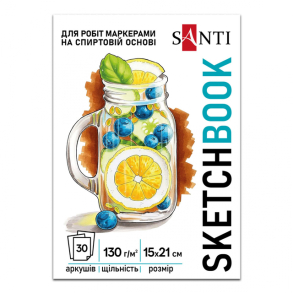 Скетчбук А5 30 арк., 130 г/м2, білий блок, склейка "Fresh" Santi