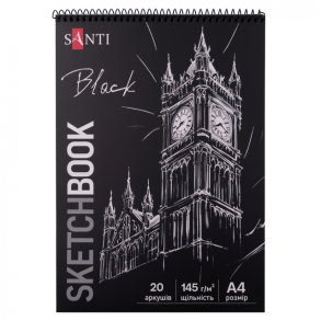 Скетчбук чорний блок А4 20 арк., 145 г/м2, пружина Santi
