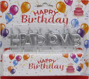 Свічки для торта h=2,5 см "Напис Happy Birthday" сріблясті
