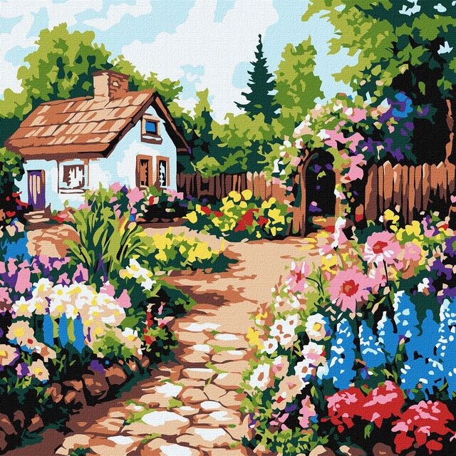 Картина за номером 30*30 см КНО6382 "Квіткові клумби біля будинку" Ідейка