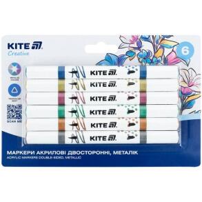 Набір маркерів акрилових 6 шт. двосторонніх металік Kite 