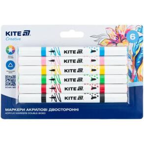 Набір маркерів акрилових 6 шт. двосторонніх Kite 