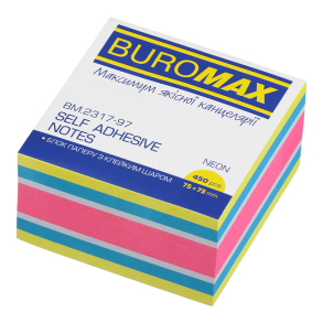 Папір для нотаток 75*75 мм/450 арк., клеєний/неон (3 кол. + 1 білий) Buromax