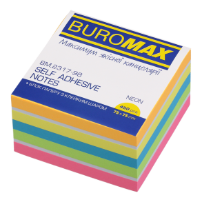 Папір для нотаток 75*75 мм/450 арк., клеєний/неон (5 кол.+ 1 білий) Buromax