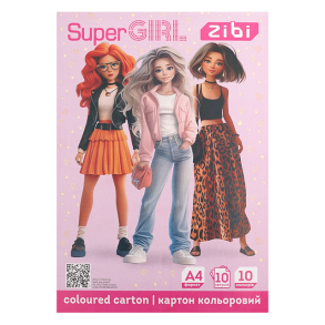 Картон кольоровий односторонній А4/10 арк. 10 кол. "Kids Line Super Girl" Zibi